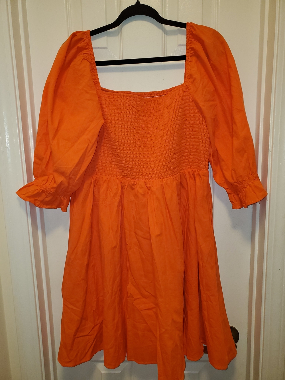 Womens Orange Puff-Sleeve Smocked Dress